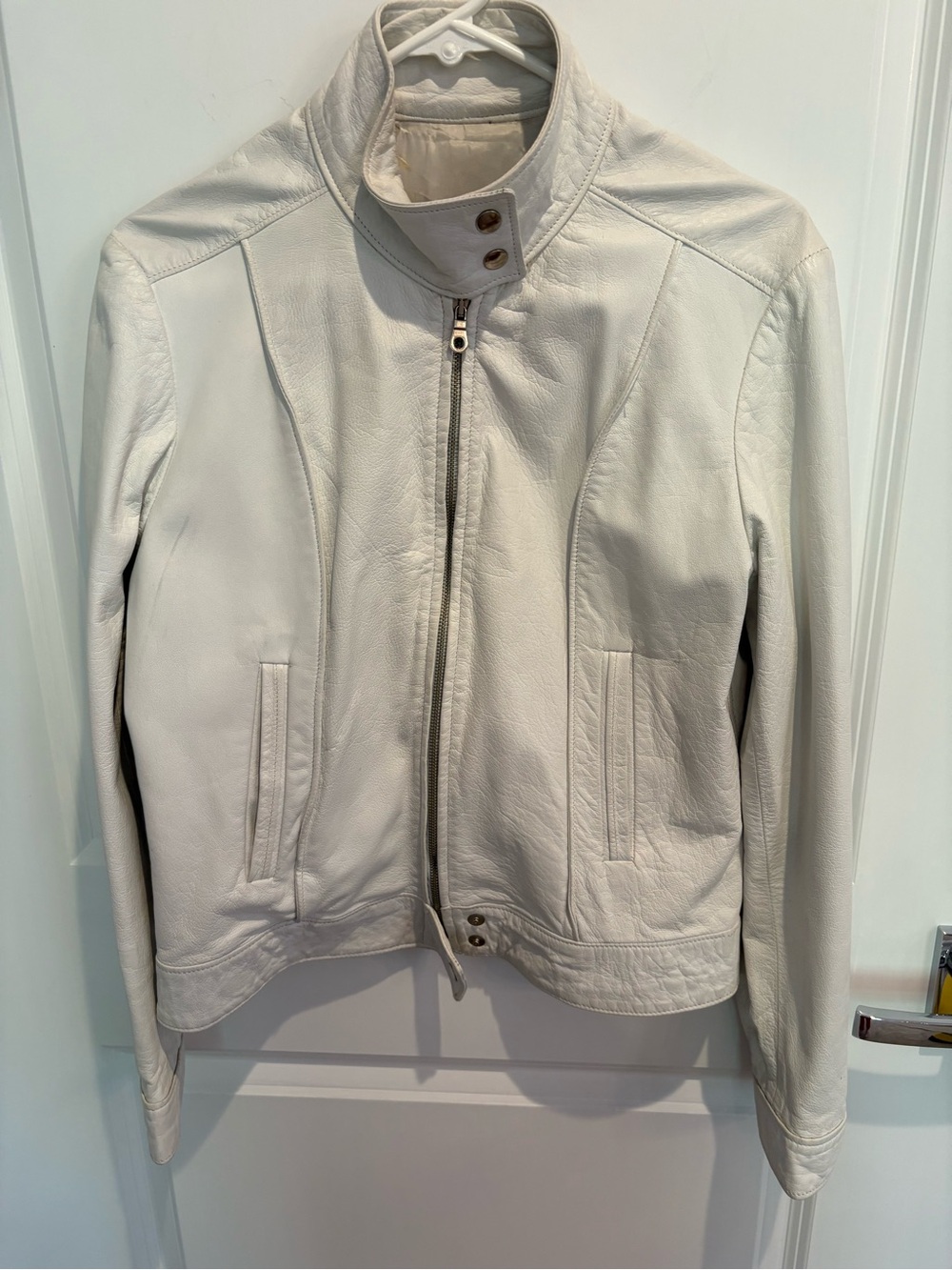 Women’s Cream Leather Zip-Up Jacket with Stand Collar